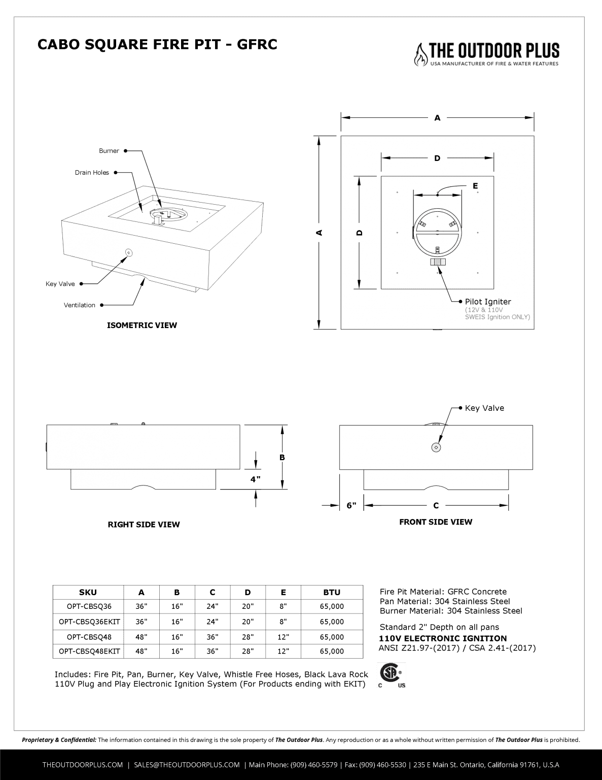 Outdoor Plus Cabo Square Fire Pit - Concrete