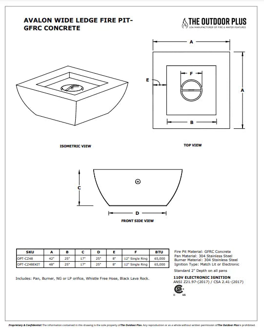 Outdoor Plus Avalon Wide Ledge Fire Pit - GFRC Concrete - 42"
