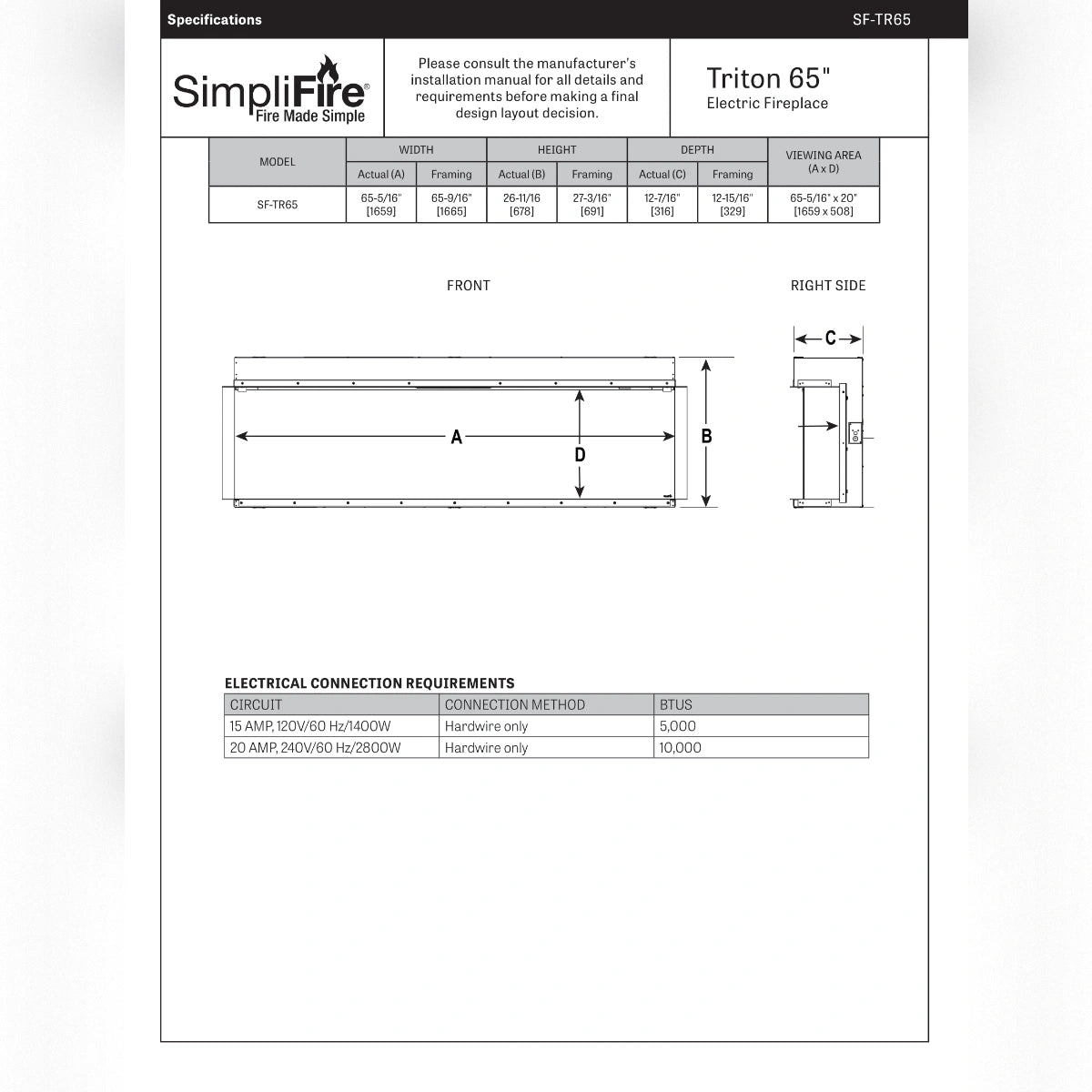 SimpliFire Triton 65" Electric Fireplace