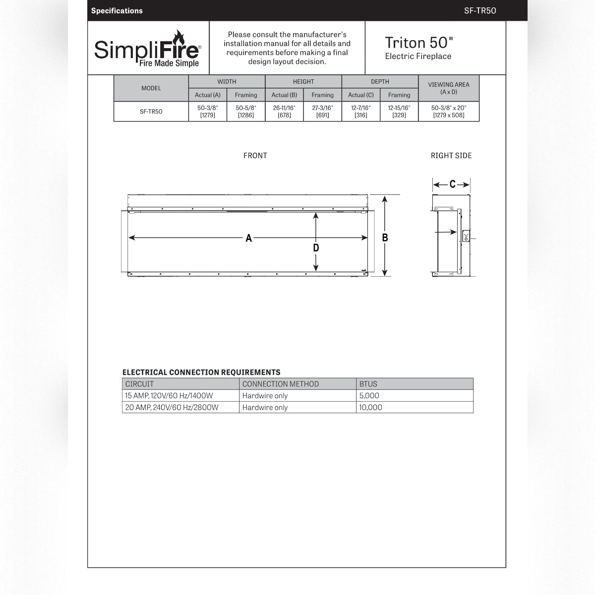 SimpliFire Triton 50" Electric Fireplace