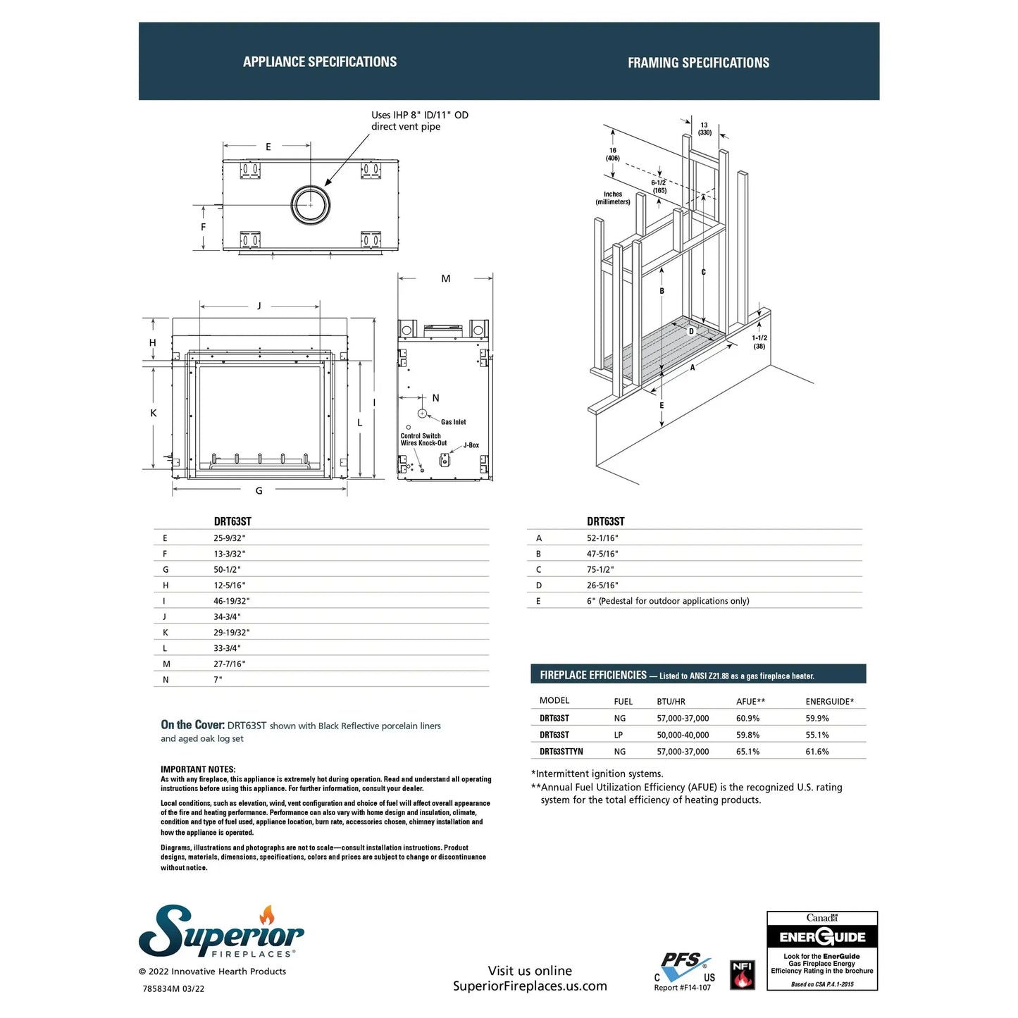 Superior DRT63STTYN Power Vent See-Through Direct Vent Gas Fireplace - 40"