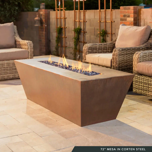 Outdoor Plus Mesa Fire Table - Corten Steel, Hammered Copper, Stainless Steel